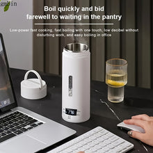 White electric kettle on a desk with laptop, keyboard, and glass of water.