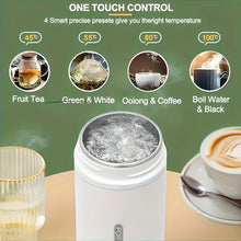 Temperature control device for beverages with images of tea and coffee.