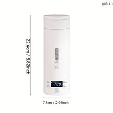 White electric kettle with digital display and dimensions on a white background